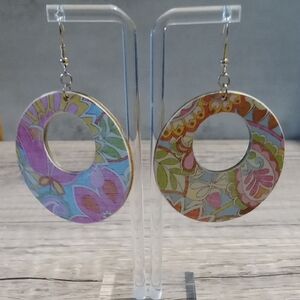 Colorful Wooden Floral Patterned Hoop Earrings